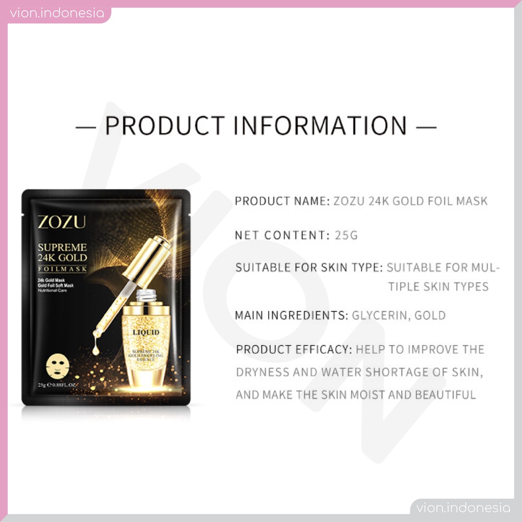 ZOZU Supreme 24K Gold Foil Sheet Mask Moisten Hyaluronic Masker Emas Premium Original ZO001