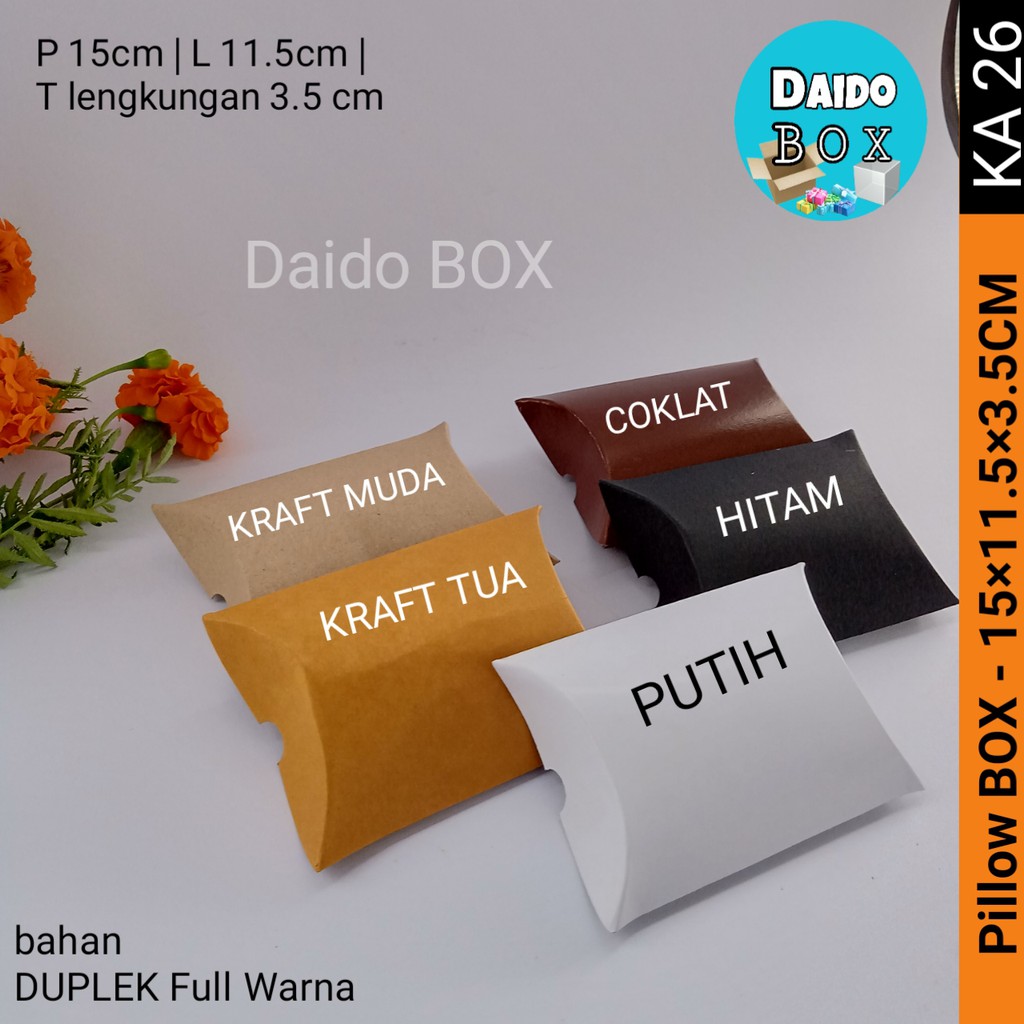 

ISI 36 BIJI Pillow Box 15cm Ka26 | Kotak Kado Kardus Hijab Dus Kaos Hampers Jilbab - Kraft Muda