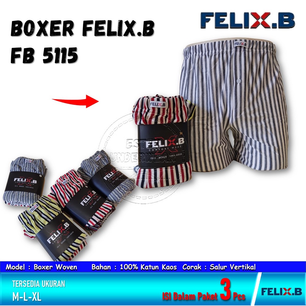 Felix.B Celana Boxer Pria FB 5115 ISI 3Pcs Motif Salur