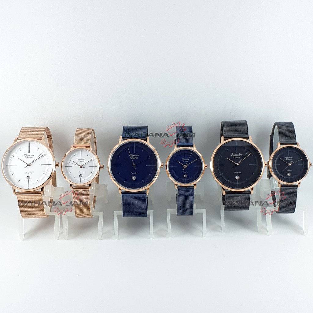 Alexandre Christie AC 8627 LD MD Jam Tangan Couple AC8627 Pria Wanita Rantai Rosegold Hitam Biru Ori