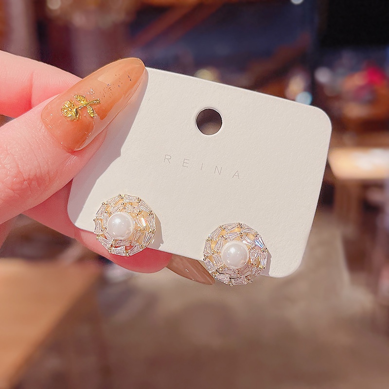 Shuling S925 silver needle Zircon Stud Earrings Cute Circle Earrings Female High Sense Pearl Earrings