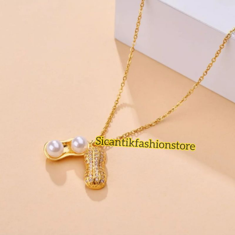 Kalung Titanium Liontin Gold Motif Kacang Fashion Wanita Terlaris Anti Karat Kalung Wanita Kekinian