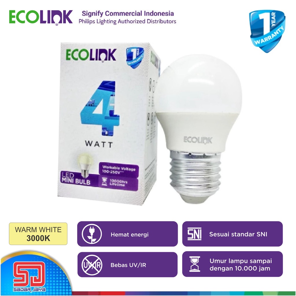 ECOLINK Lampu 4W LED 4Watt Mini Bulb Bohlam 4 Watt P45  - 3000K Warm White Kuning Cerah