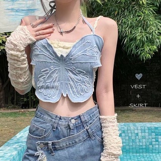 Monica Baru Desain Kupu-kupu Perancis Backless Sling Bawah Tabung Atas Atas Pinggang Tinggi Rok Tipis Biru