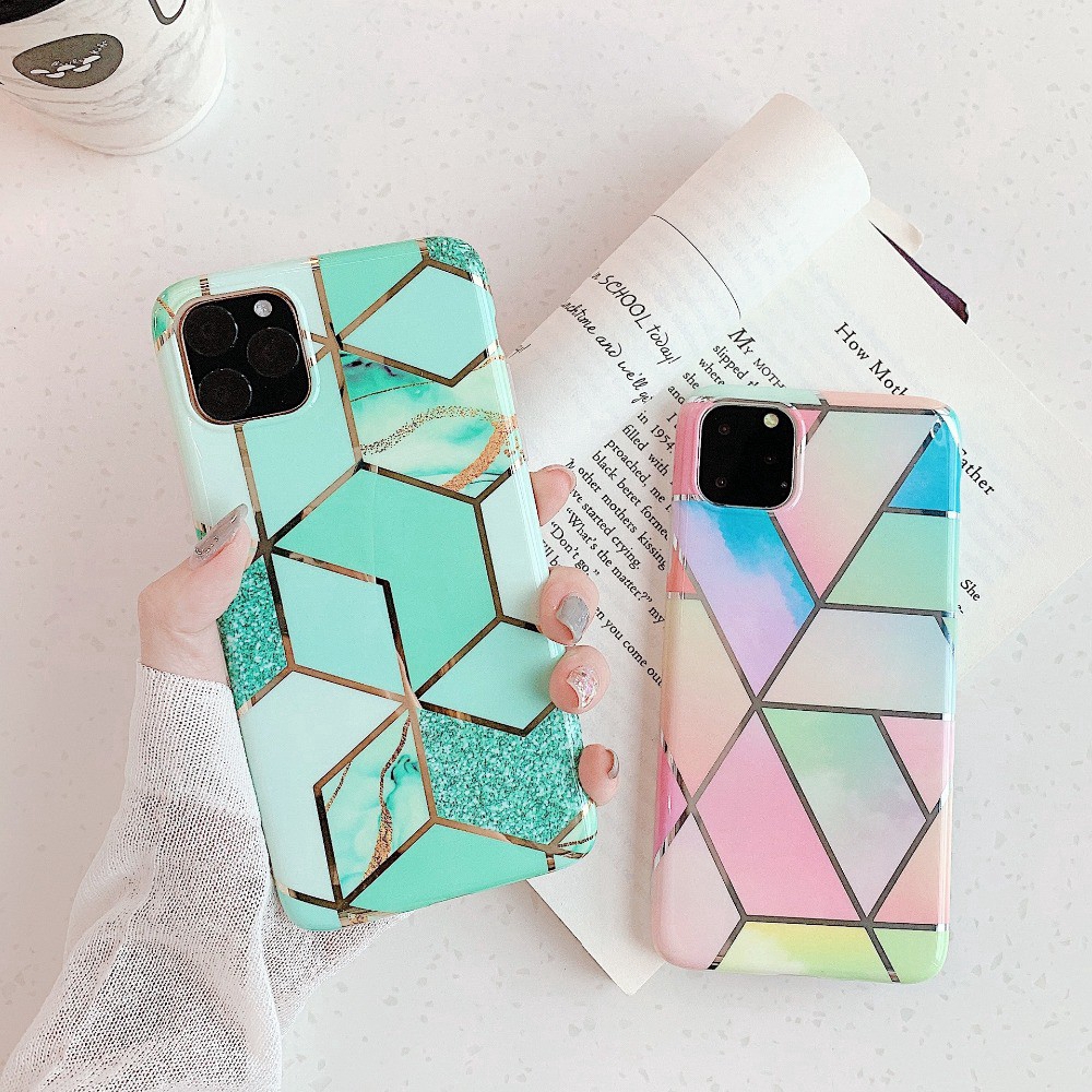 Geometric Marble Texture iPhone 11 X XR XS Max 11 Pro Max Soft IMD Cases Cover For iPhone 6+ 6S 7 8 Plus full cover