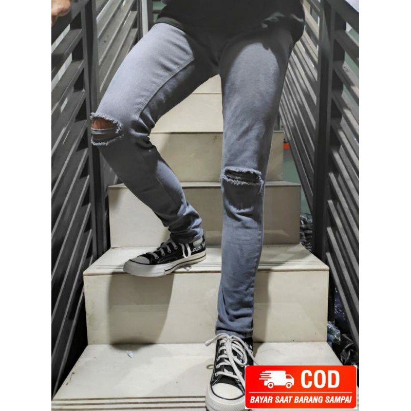 Celana Jeans Abu - Abu Slimfit Jeans Stretch Dark Grey Ripped  Pria Murah Lebay