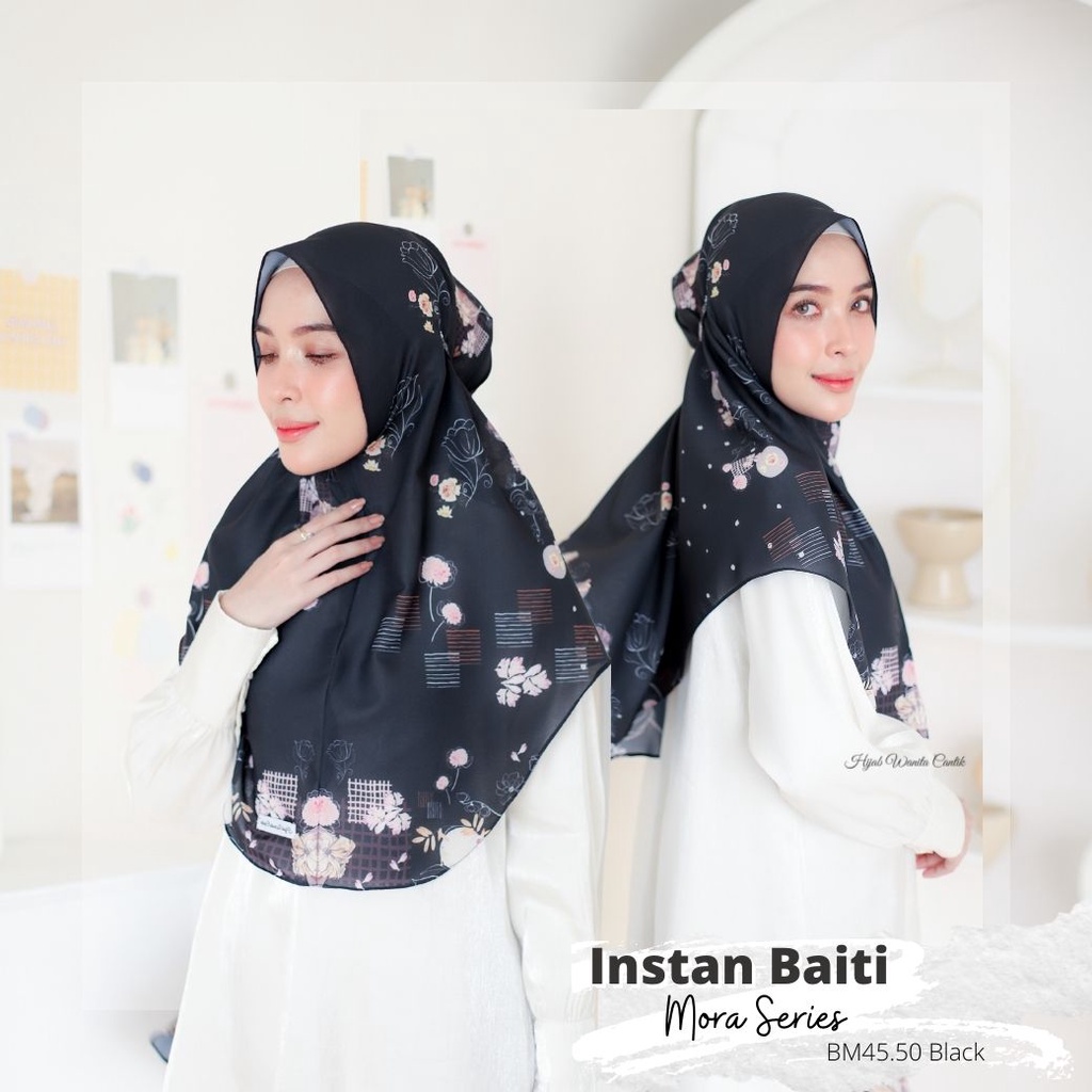 Hijabwanitacantik - Instan Baiti Mora Series BM45.50 Black | Hijab Instan Bergo | Jilbab Instan Motif Printing Premium