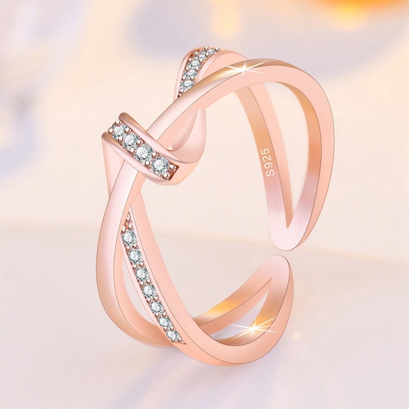 Cincin Model Terbuka Desain Silang Bahan Zirkon Warna Rose Gold Gaya Korea Untuk Wanita