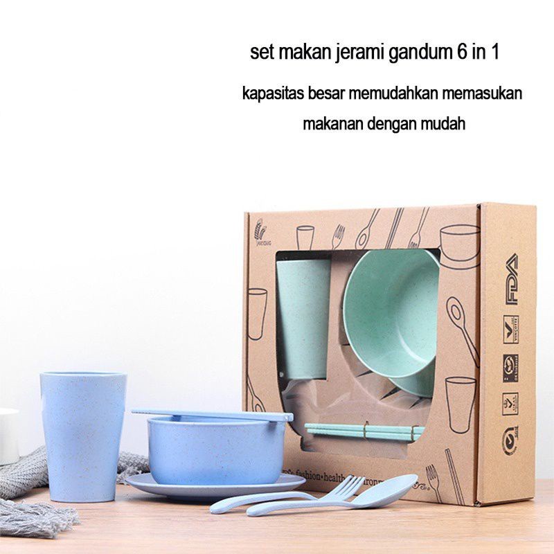 LALUGO set 6 in 1 alat makan cangkir sendok mangkok piring peralatan makan set