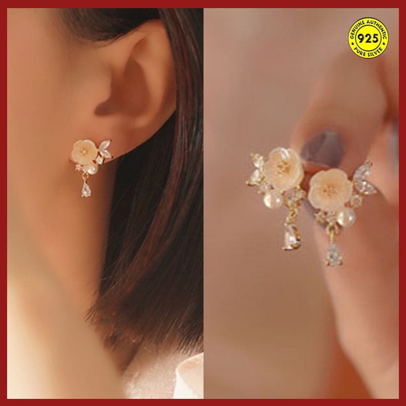 Anting Tusuk Sterling Silver 925 Desain Bunga Hias Mutiara Zircon AAA 18K Untuk Wanita