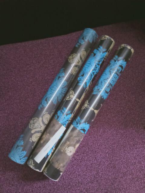 Murah!! Wallpaper Sticker 45cm X 10meter Blue Gold Black Walpaper Dinding Batik Biru Emas / Bluegold