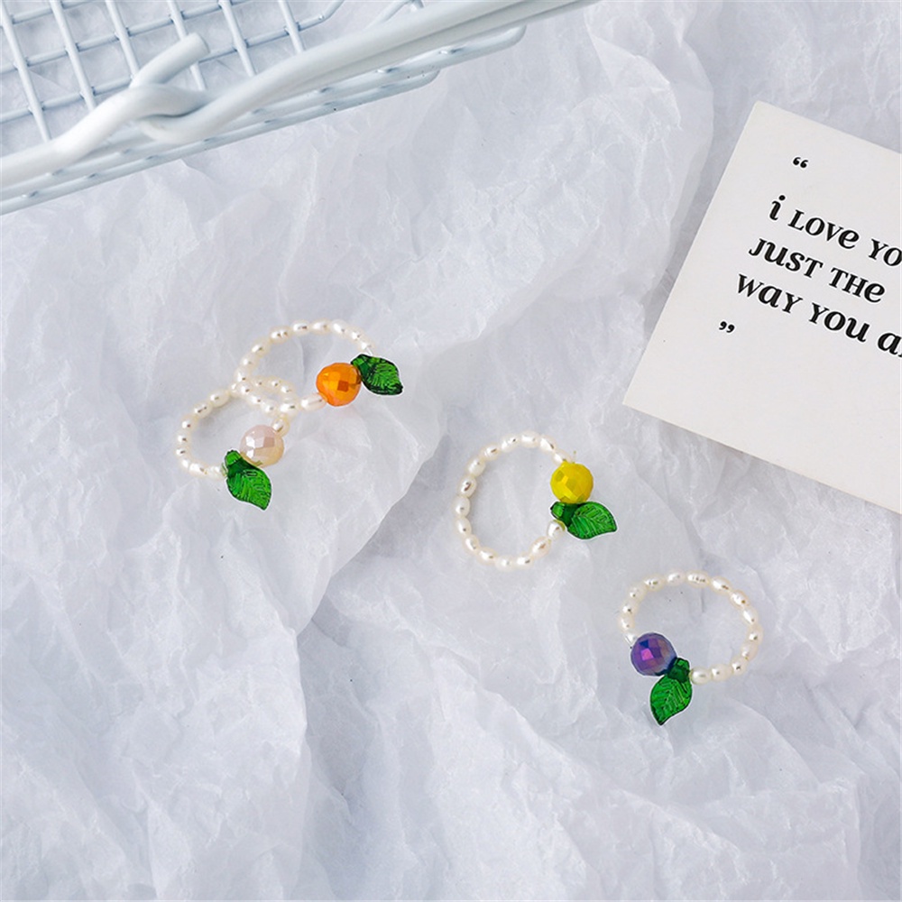 Korean Elasticity Finger Ring Freshwater Pearl Ring Adjustable Small Fresh Green Leaf Crystal Apple