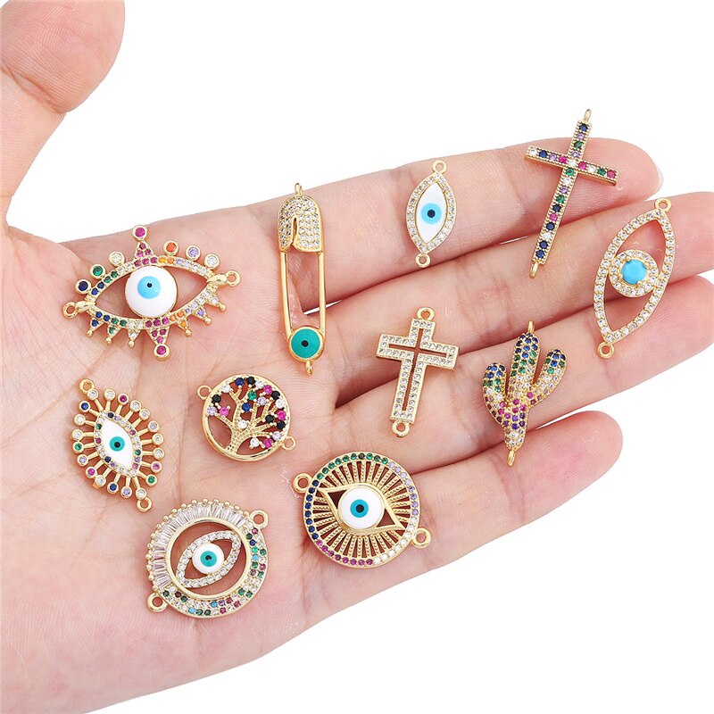 15Style Copper Evil Eye Cross Zircon Gold Plated Hollow Connector Charms For Bracelets Bohe Earrings Making DIY Jewelry Findings