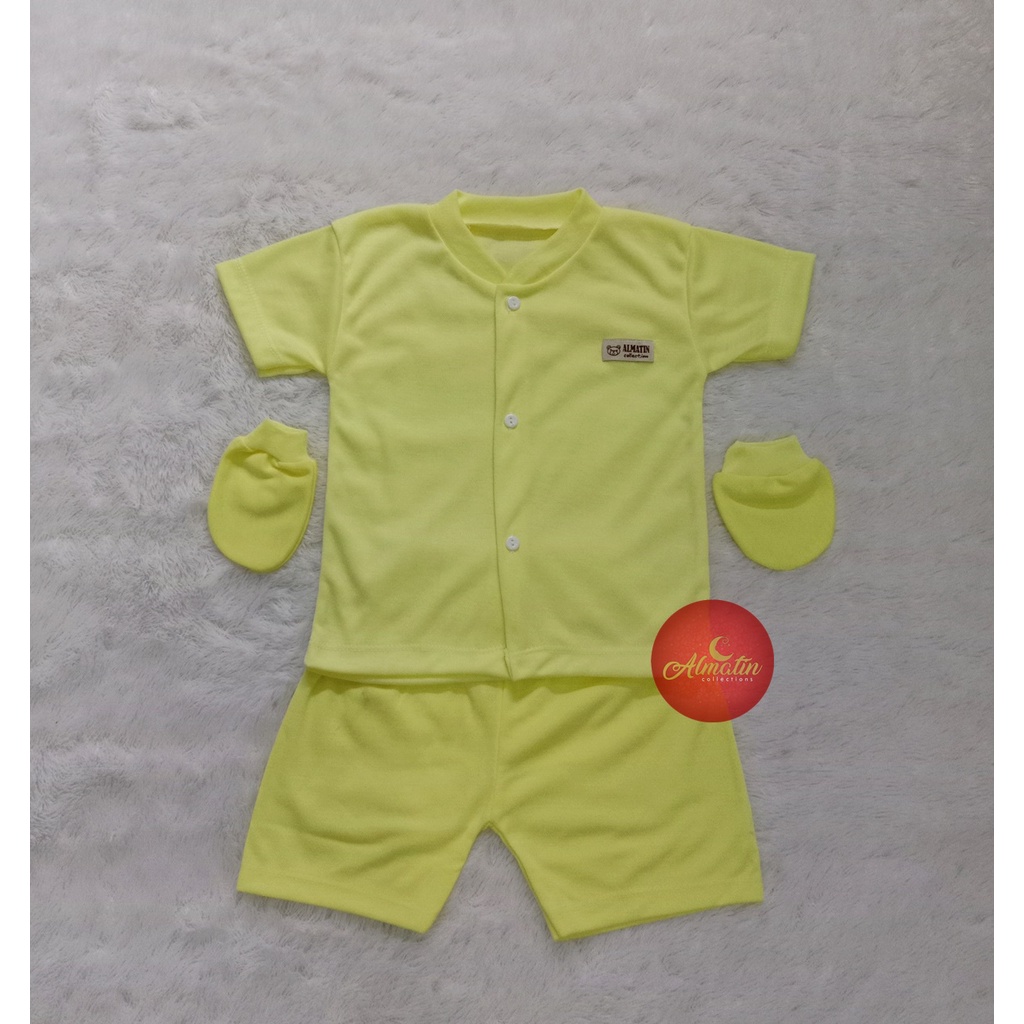 3 Set Setelan Pendek Kancing Depan Bayi + Sarung Tangan Bayi Merek Almatin