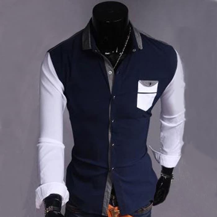 XS S M L XL XXL Kemeja Pria Hem Cowok Lengan Panjang Kantong Saku Kombinasi PUTIH HITAM ABU BIRU