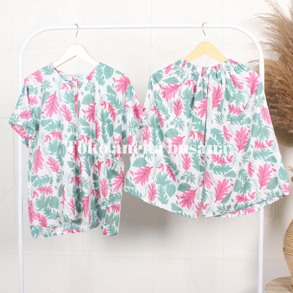 Setelan Baju Tidur Piyama Pendek Motif Daun Warna Bahan Rayon-2