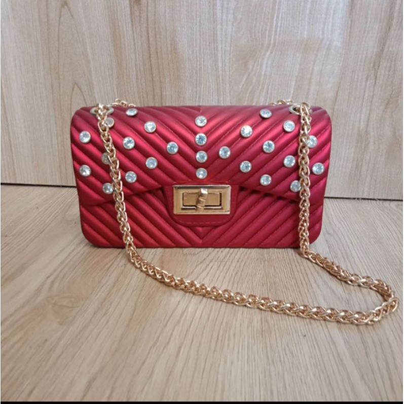 Tas Selempang Jelly Matte Cevron Rose Gold / Tas Rantai Wanita / Sling Bag - Limited Premium