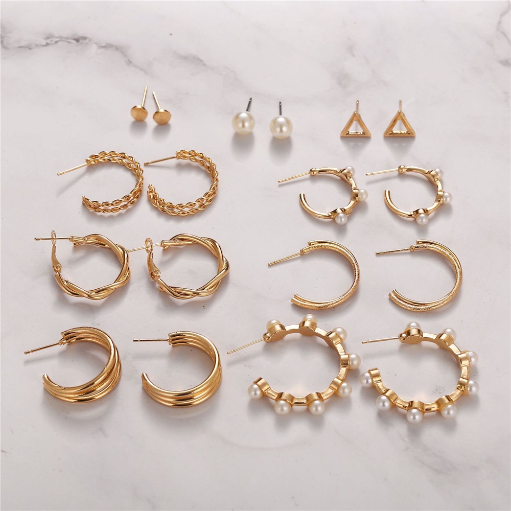 【COD Tangding】9 Pair/set Advanced Good Quality Pearl Earrings Set for Women Gold Earring Creative Retro Earings Fashion Accessories