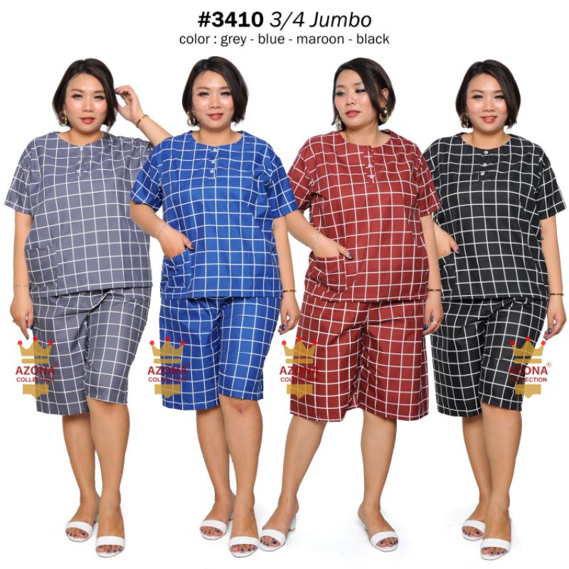 Dtree . Piyama stelan pendek jumbo katun motif kotak kotak pt1 baju tidur kancing depan Ld 120 cm