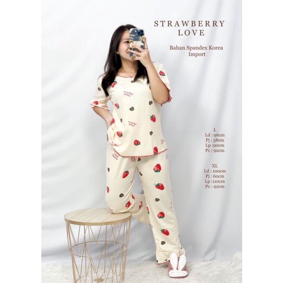 MDLV ~ Baju Tidur Strawberry Love CP Set Baju Tidur Dewasa Piyama Import Celana Panjang Fashion Import
