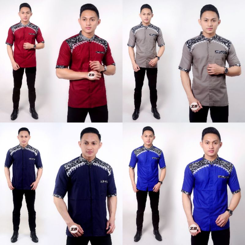 Kemeja Katun Pria Motif Batik Kombinasi Bordir Bahu / Baju Koko Batik Pria Murah Lengan Pendek