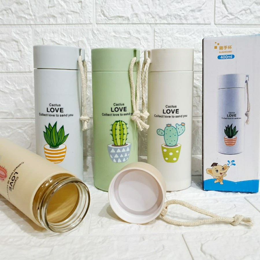 Botol Minum Kaca Motif Kaktus Kemasan Dus