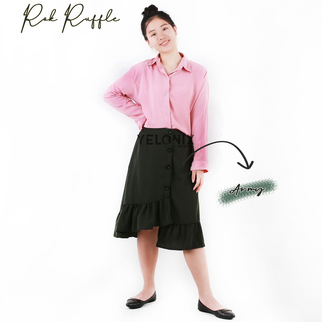 YELONIX - Rok Ruffle Rample Korea Rok Kancing Button Skrit Pinggang Karet