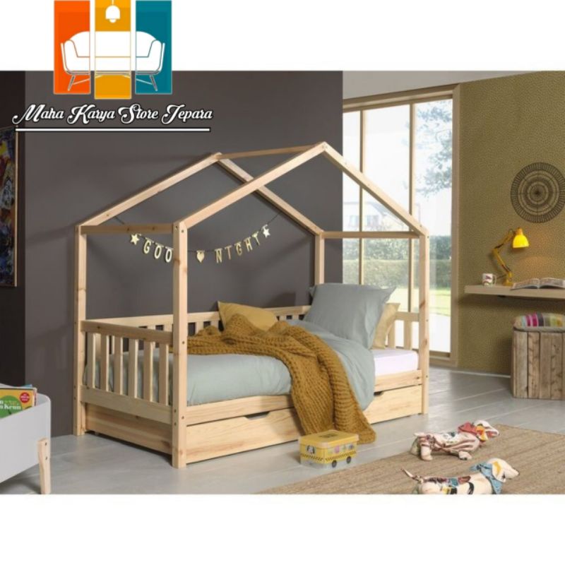 dipan anak ranjang anak kecil dobel 2 kasur minimalis natural