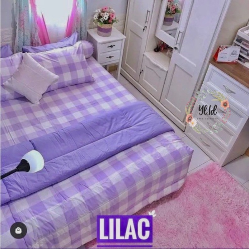 SPREI AESTHETIC MOTIF KOTAK LILAC | SPREI MOTIF ALA KOREA FREE SARBAN SARGUL