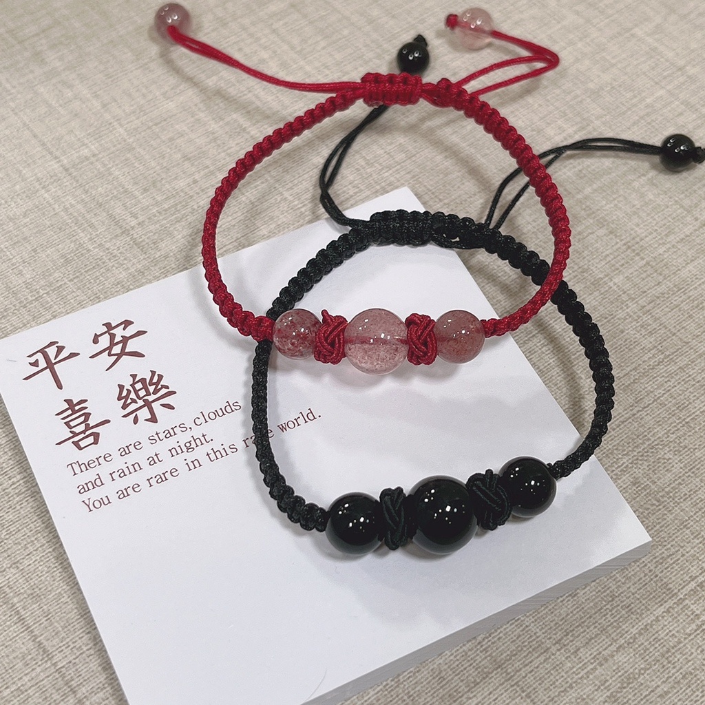 Gelang Tali Kepang Kristal Obsidian Strawberry Untuk Aksesoris Pasangan