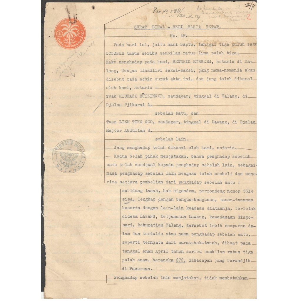 Akta Perjanjian Jual Beli Lama Lawas Malang 1953