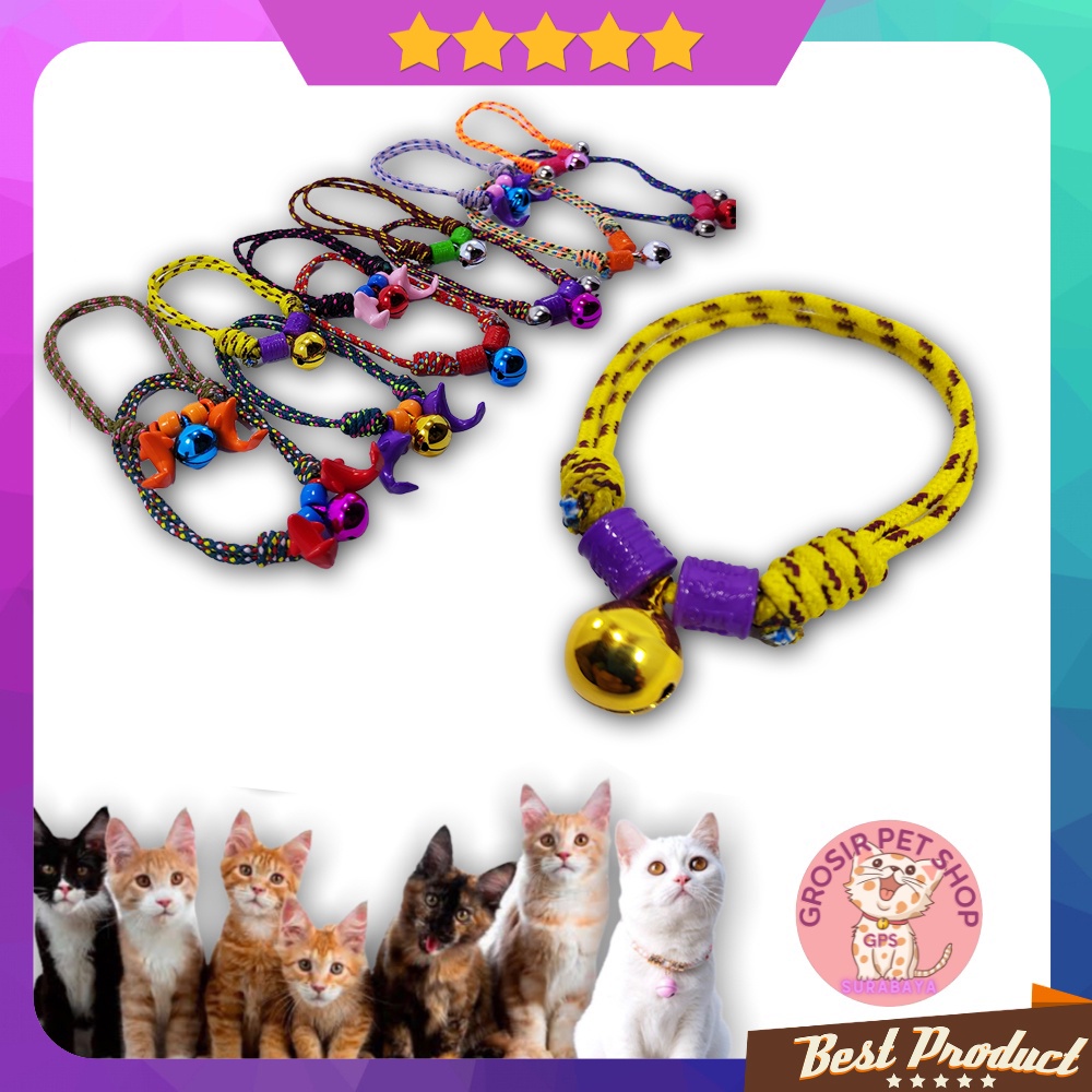 kalung kucing motif bell warna-warni bahan tali prusik