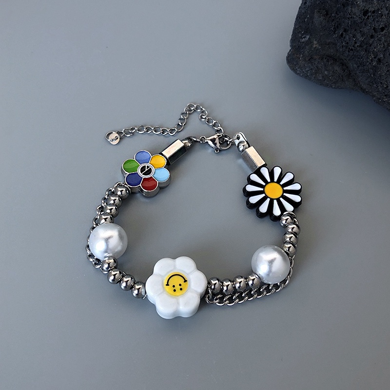 Smiley Daisy Stitching Pearl Bracelet Accessories Trendy Hip Hop