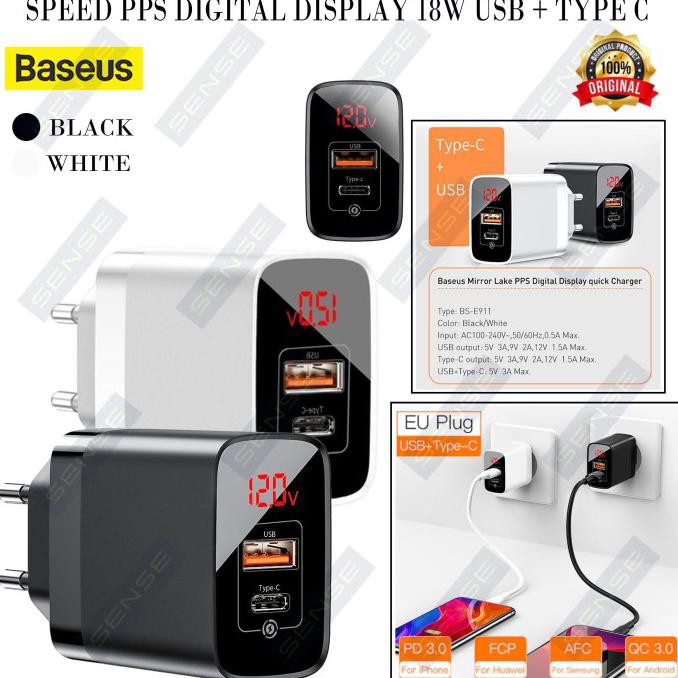 ADAPTER CHARGER BASEUS SPEED PPS DIGITAL MIRROR LAKE 18W USB + TYPE C - Hitam
