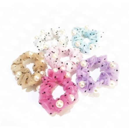 Ikat Rambut Scrunchie Mini Mutiara Bahan Sifon Motif Polkadot dan Kotak Kotak Ala Korea