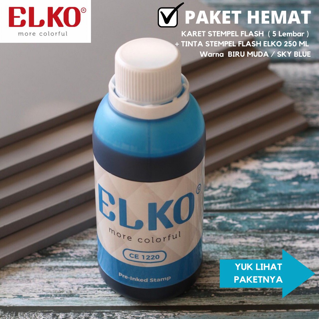

Karet Stempel Flash 15x33x7 / (5 Lembar) + Tinta Stempel Flash ELKO 250 ML Warna BIRU MUDA SKY BLUE