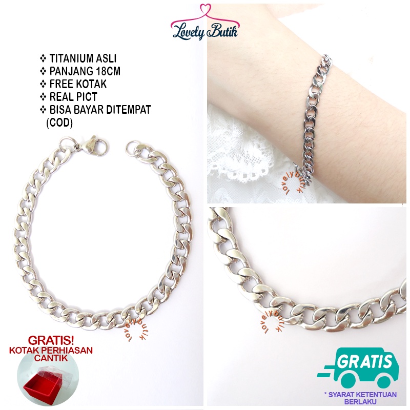 Lovelybutik Gelang Tangan Titanium Anti Karat Melis4 Gelang Rantai Wanita Bonus Kotak perhiasan