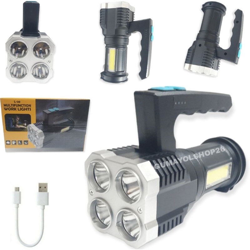 L-20 Senter LED 4 Mata 4 Mode Reacharge Super Terang / Senter LED Jarak Jauh 4 LED