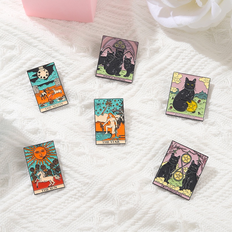 Bros Pin Enamel Desain Kartun Kucing Matahari Bulan Kartu Tarot 6 Gaya Untuk Hadiah