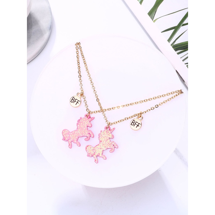 2pcs / Set Kalung Rantai Dengan Liontin Unicorn Hati Warna-Warni Untuk Hadiah Persahabatan