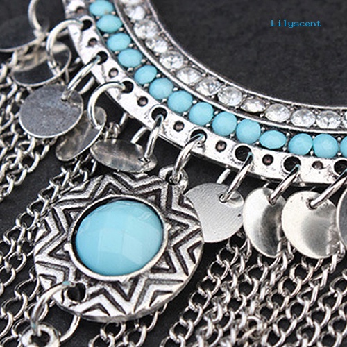 Kalung Choker Rantai Panjang Liontin Rumbai Turquoise Bahan Alloy Gaya Bohemian Untuk Wanita