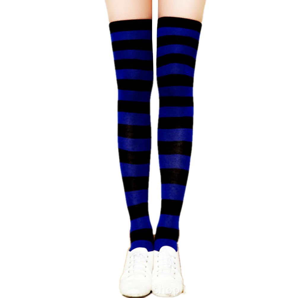OKBE black and white overknee socks / kaos kaki belang hitam putih sepaha-biru tua X htm