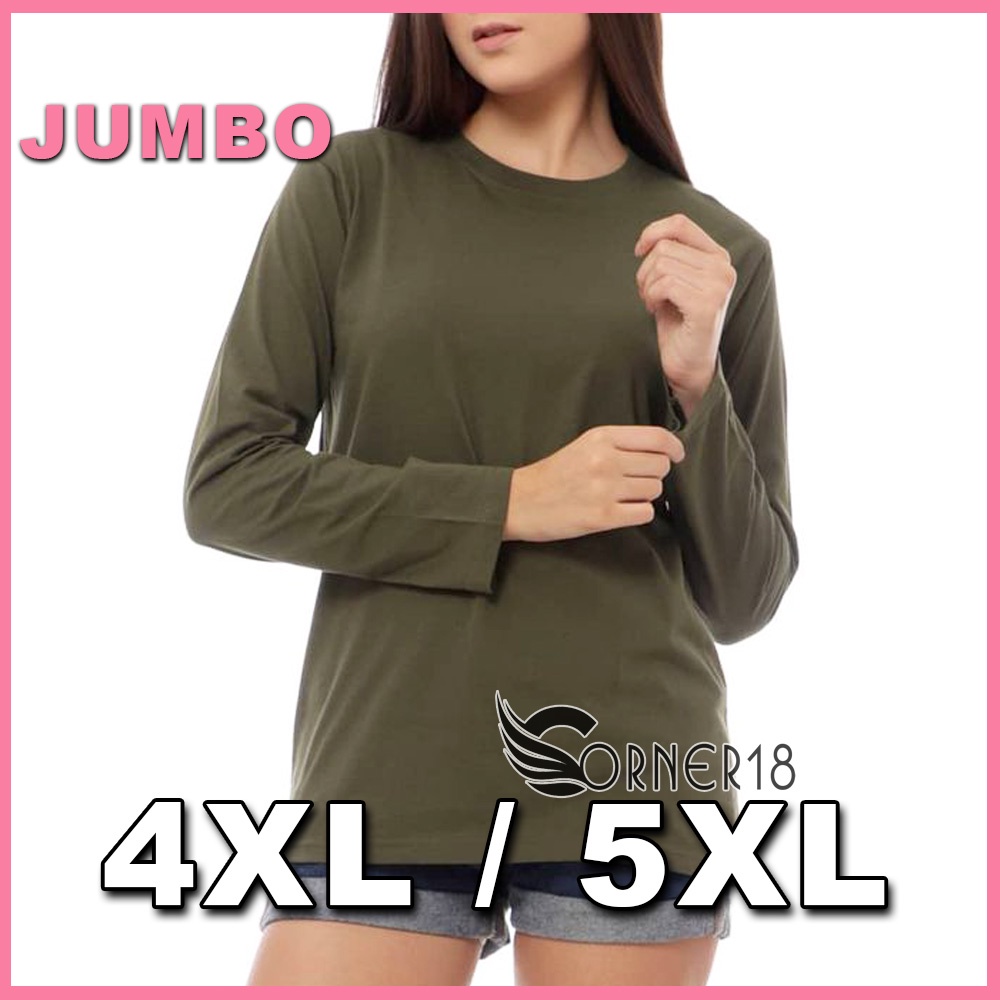 Kaos Jumbo Wanita Lengan Panjang LD 130 XXXXL 5XL Katun Hijau Army