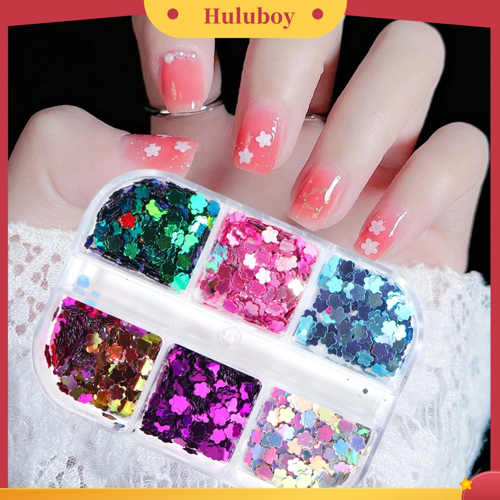 Huluboy Huluboy♡ 6 Grids / Box Serpihan Glitter Sequin Bentuk Bunga Ultra Tipis Untuk Dekorasi Manicure Charms