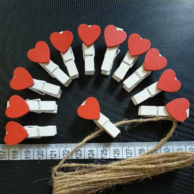 12pcs jepit kayu Love +free tali 2m - Penjepit Foto - Wooden Clip