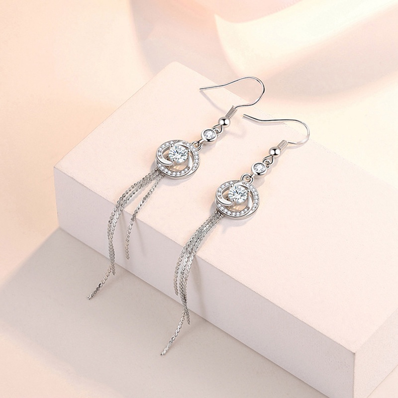 Anting Gantung Sterling Silver 925 Model Rumbai Panjang Dengan Zircon Bulat Untuk Wanita