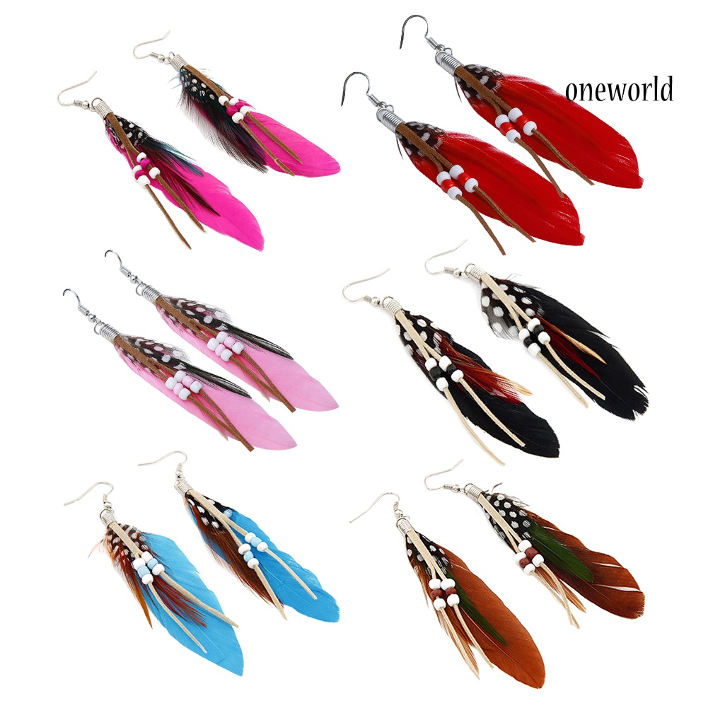 OW@ Bohemian Women Indian Feather Beads Tassel Dangle Hook Earrings Jewelry Gift