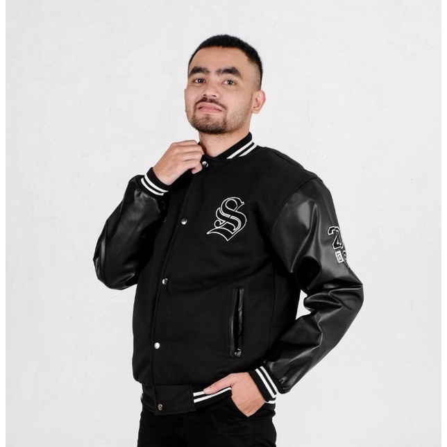 Jaket Varsity King of Cloth Ssr Black/Jaket Varsity Baseball Pria/Jaket Baseball Fleece Kombi Kulit 