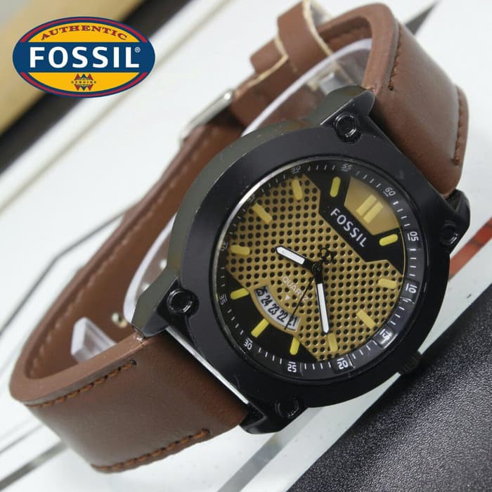 JAM TANGAN SUPER MURAH - JAM TANGAN PRIA FS TANGGAL DARKBROWN ANGKA YELLOW