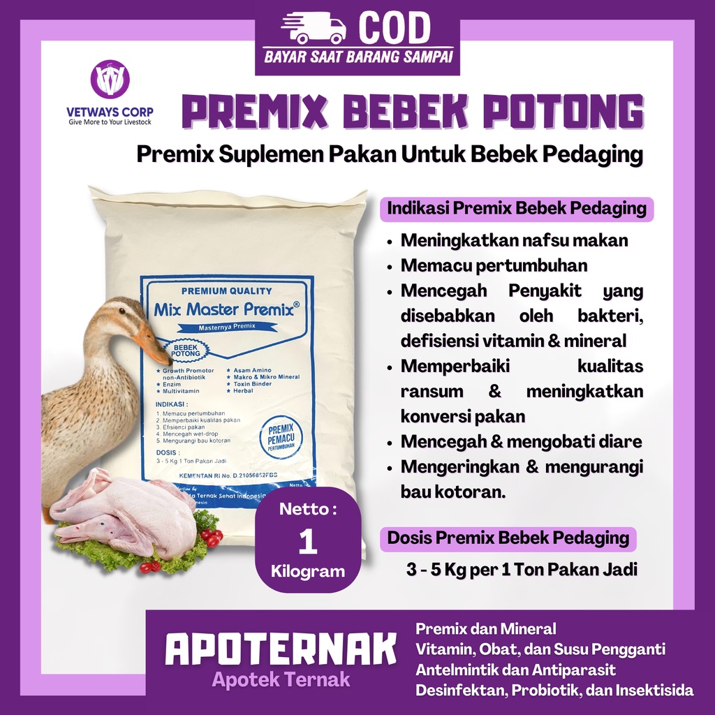 PREMIX BEBEK PETELUR PREMIUM QUALITY 1 KG | Suplemen Tambahan Pakan Bebek Petelur  | Pemacu Produksi Telur | Apoternak